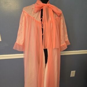 Vtg 50s Coral Sheer Nylon Hollywood Glam Peignoir Dressing Robe w Scarf Size 14